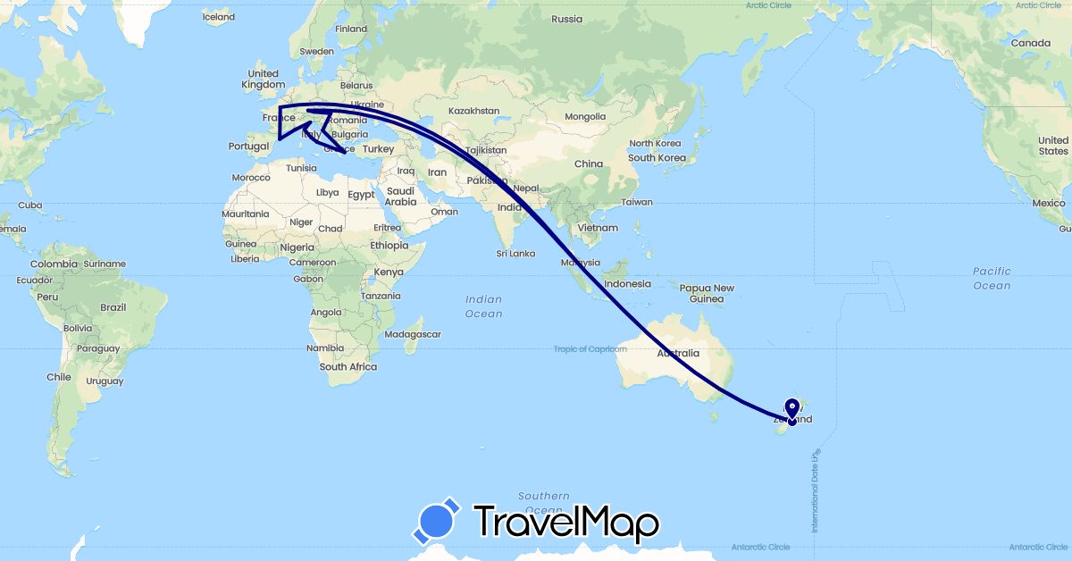 TravelMap itinerary: driving in Austria, Germany, Spain, France, Greece, Croatia, Hungary, Italy, Monaco, New Zealand, Singapore (Asia, Europe, Oceania)