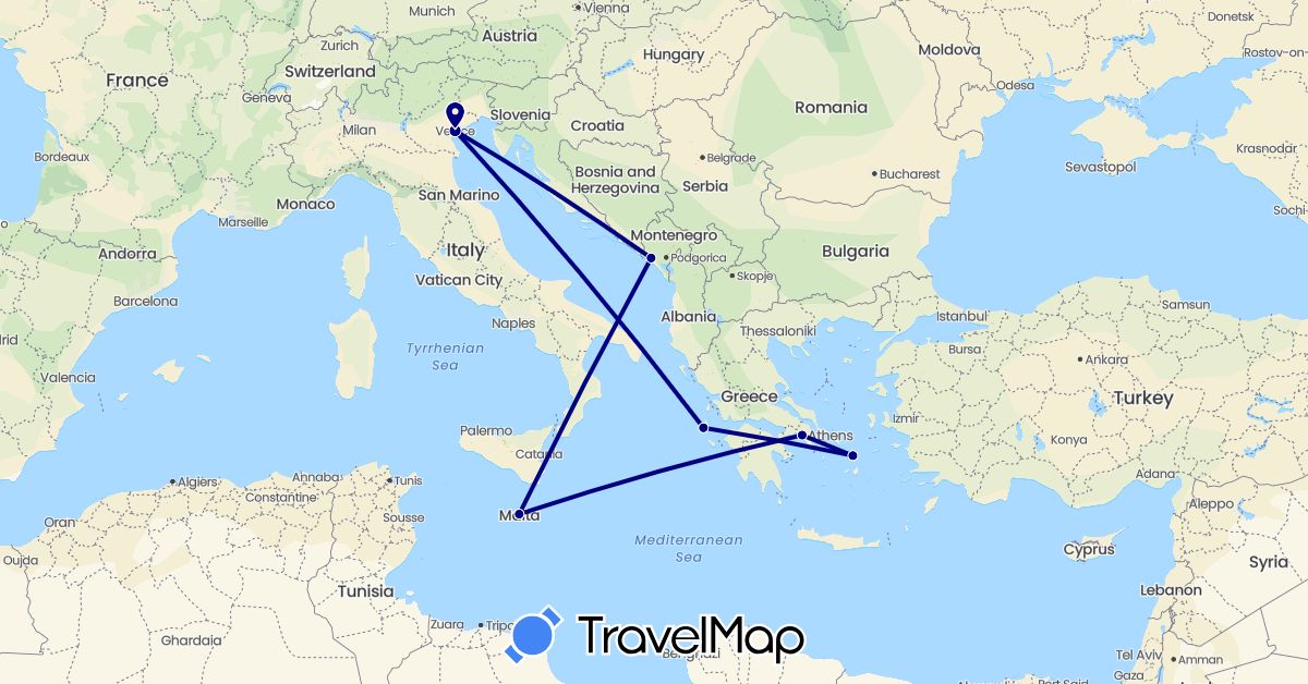 TravelMap itinerary: driving in Greece, Italy, Montenegro, Malta (Europe)